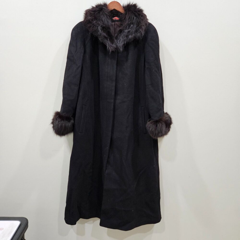 Vintage Alorna Wool Long Coat XL Black Rabbit Fur Trim Old Money Whimsygoth USA